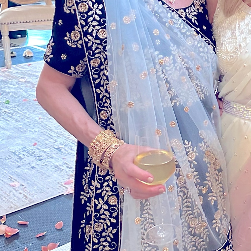 Saree Indian three piece dress, dark blue with gold beads